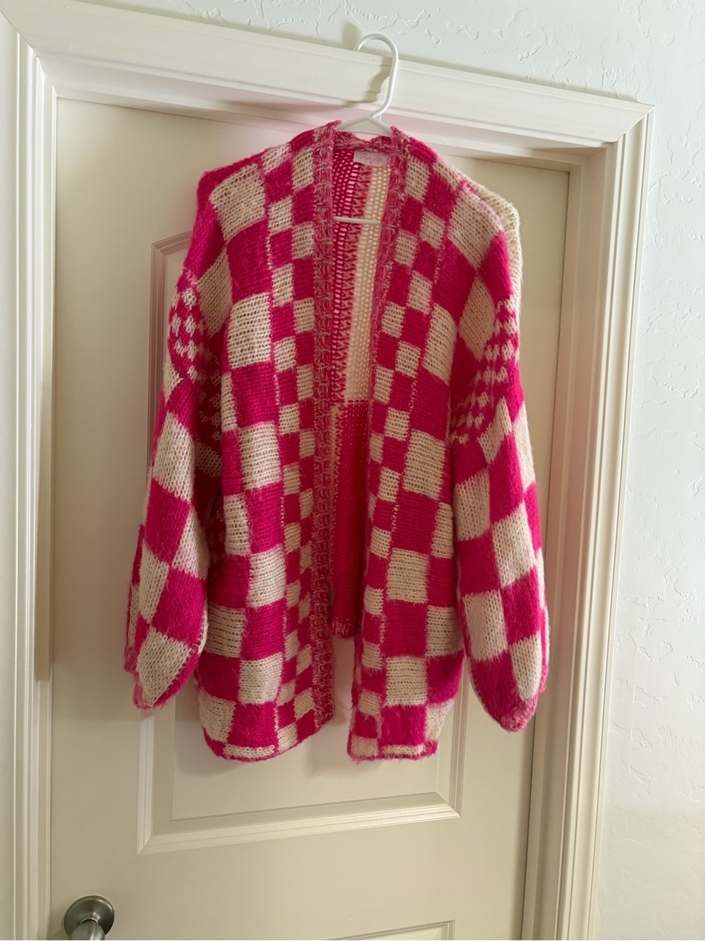 Pink Lily Pink and Cream Checkered Open Cardigan Sweater